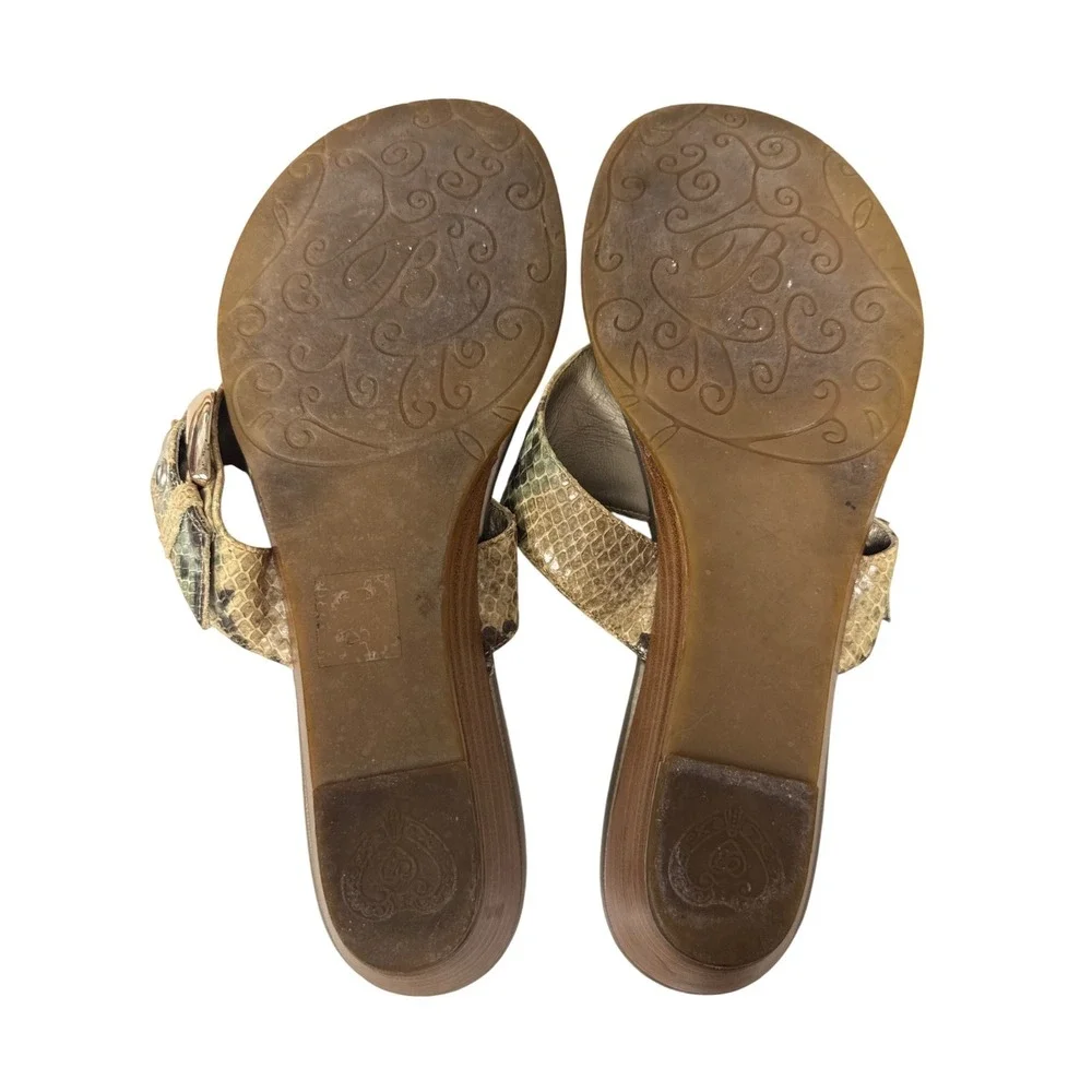 Brighton Snakeskin-Pattern Wedge Sandals in Tan and Green